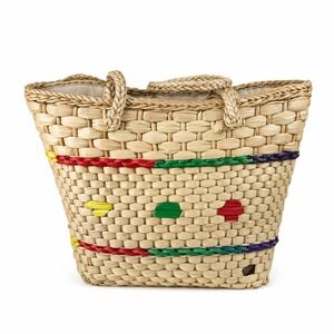 Handmade Woven Straw Tote Bag Multi Color Striped Beach Market Bag Tan